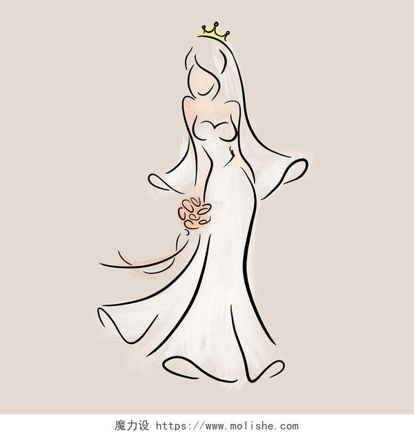 新娘戴皇冠手绘风插画素材婚礼结婚情侣新娘新郎